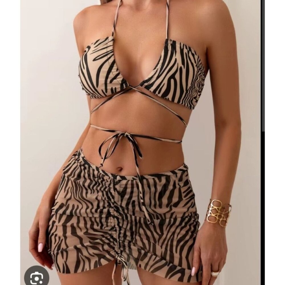 Gorglitter Womens 3 Pc Swimsuit Size L High Waisted Lace Up Zebra Bikini Skirt